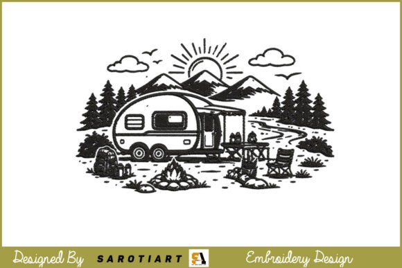 Camping Black Color Embroidery Design