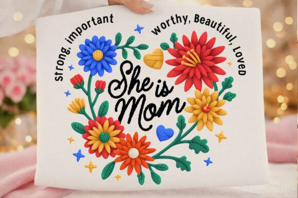 She is Mom Floral Faux Embroidery Mother